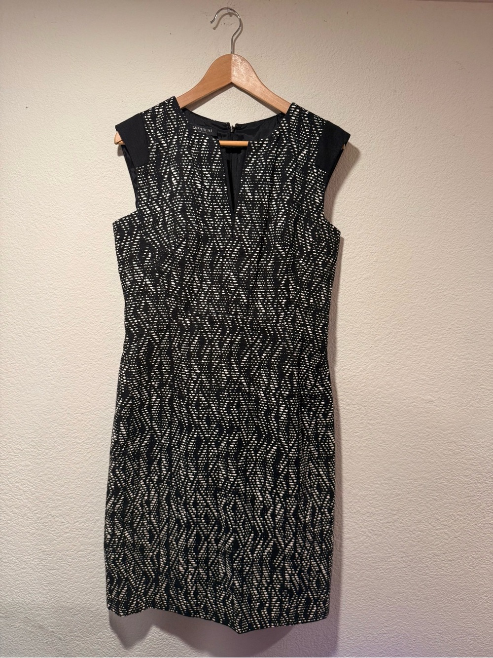 LAFAYETTE 148 Classic Black Patterned Cap-Sleeve Wool Blend Sheath Dress